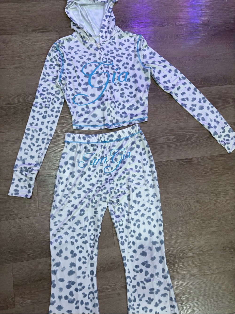 I.AM.GIA White and Light Purple Leopard Print Hooded Pajama Set